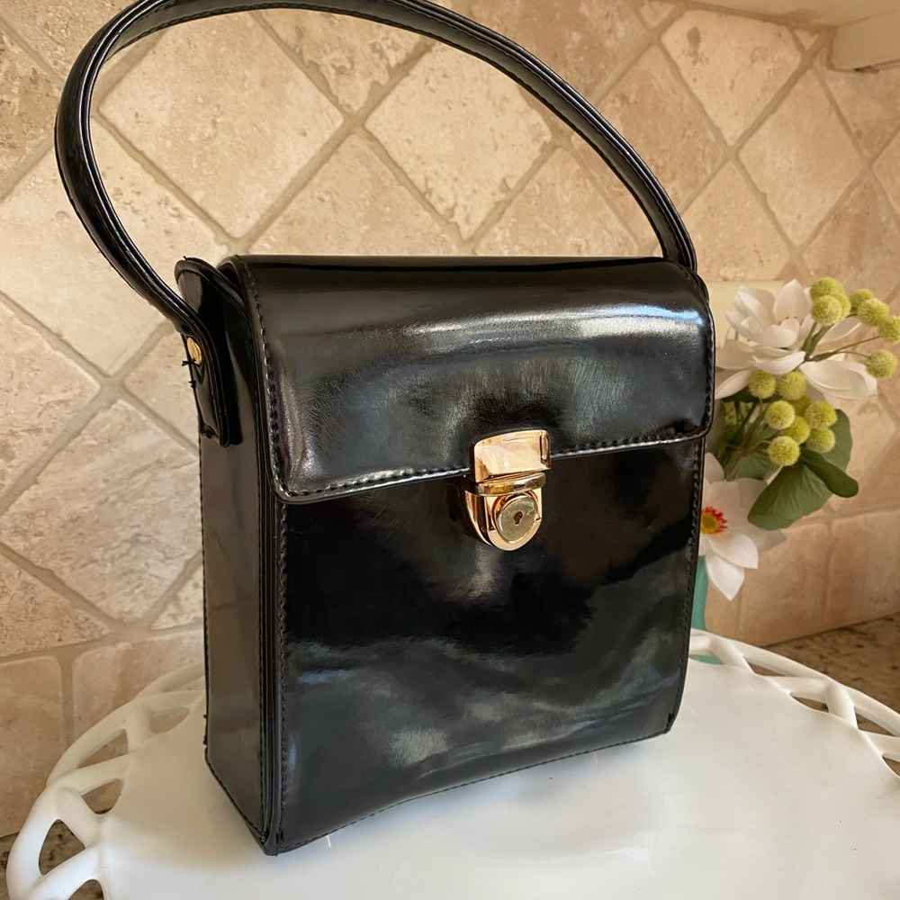 Vintage Black Patent Brass Accented Purse